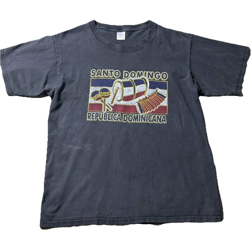 Vintage Santo Domingo Republica Dominicana Graphic T Shirt Mens L Faded Black‎